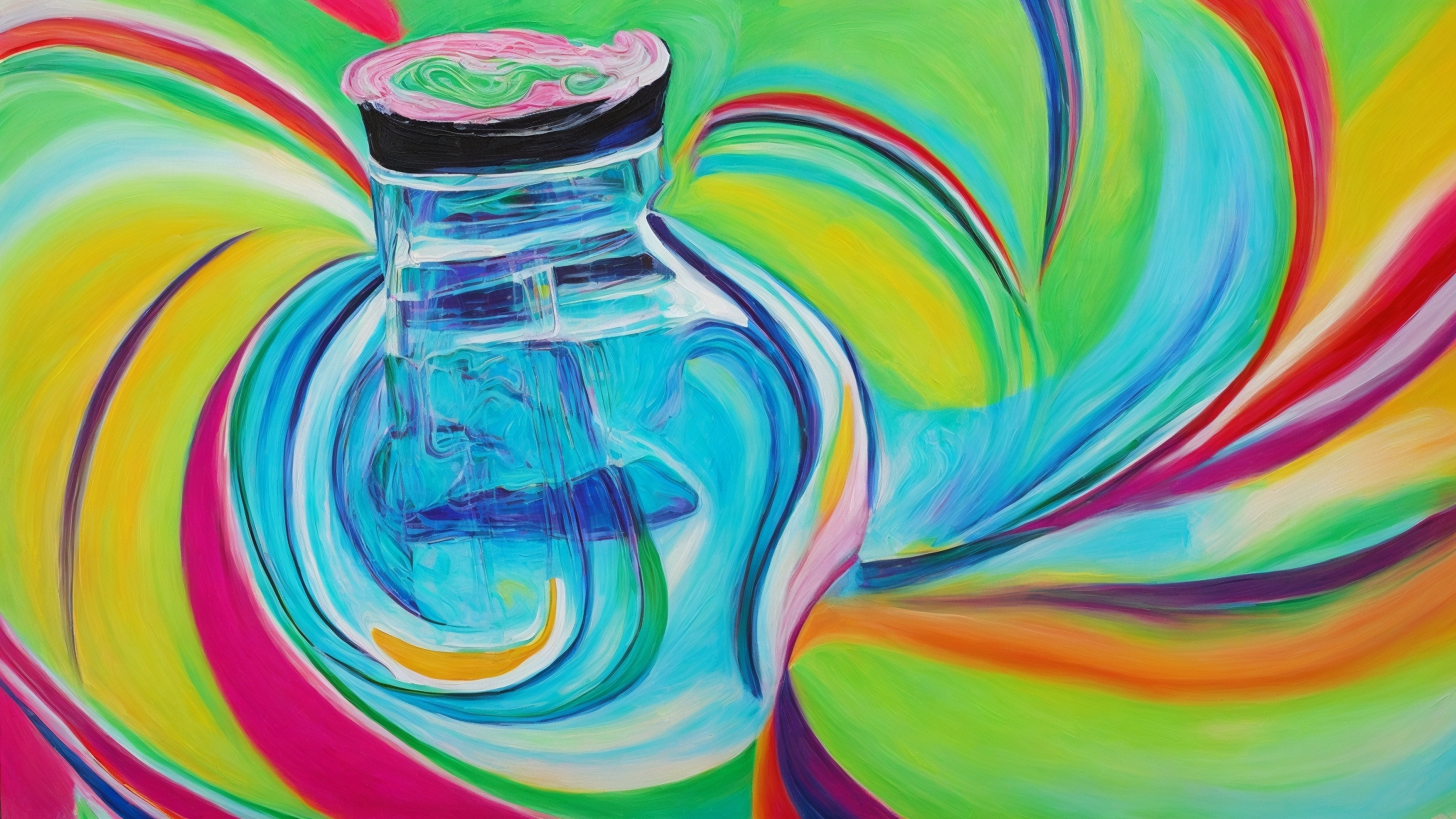 A vibrant abstract painting of a CBD oil bottle