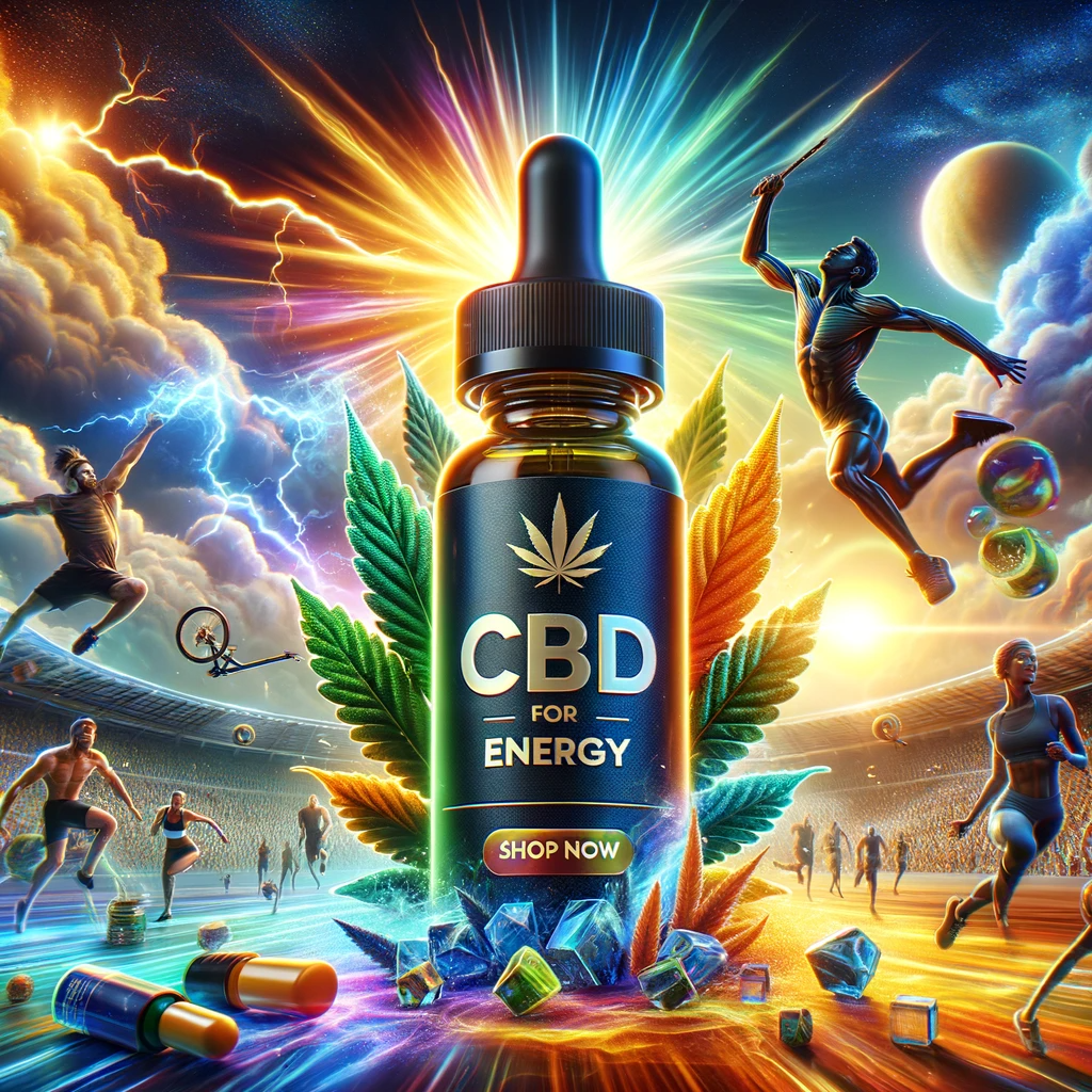 an array of hyper-realistic images that epitomize ‘CBD for Energy’. Center a luxuriously designed bottle of CBD oil, clearly marked ‘CBD for Energy’