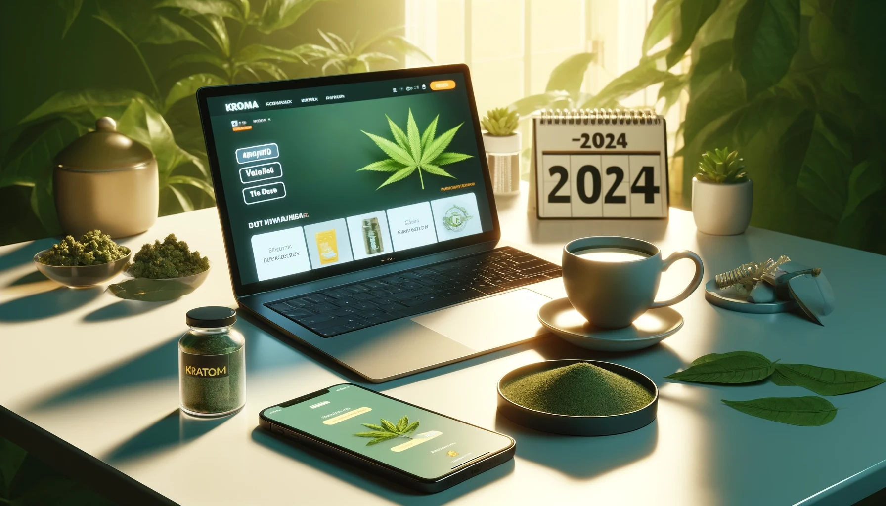 A modern, professional blog feature image for 2024 showcasing online shopping for kratom.